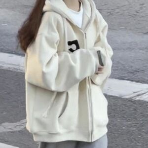 Women's Cream Hooded Jacket Oversized College Student